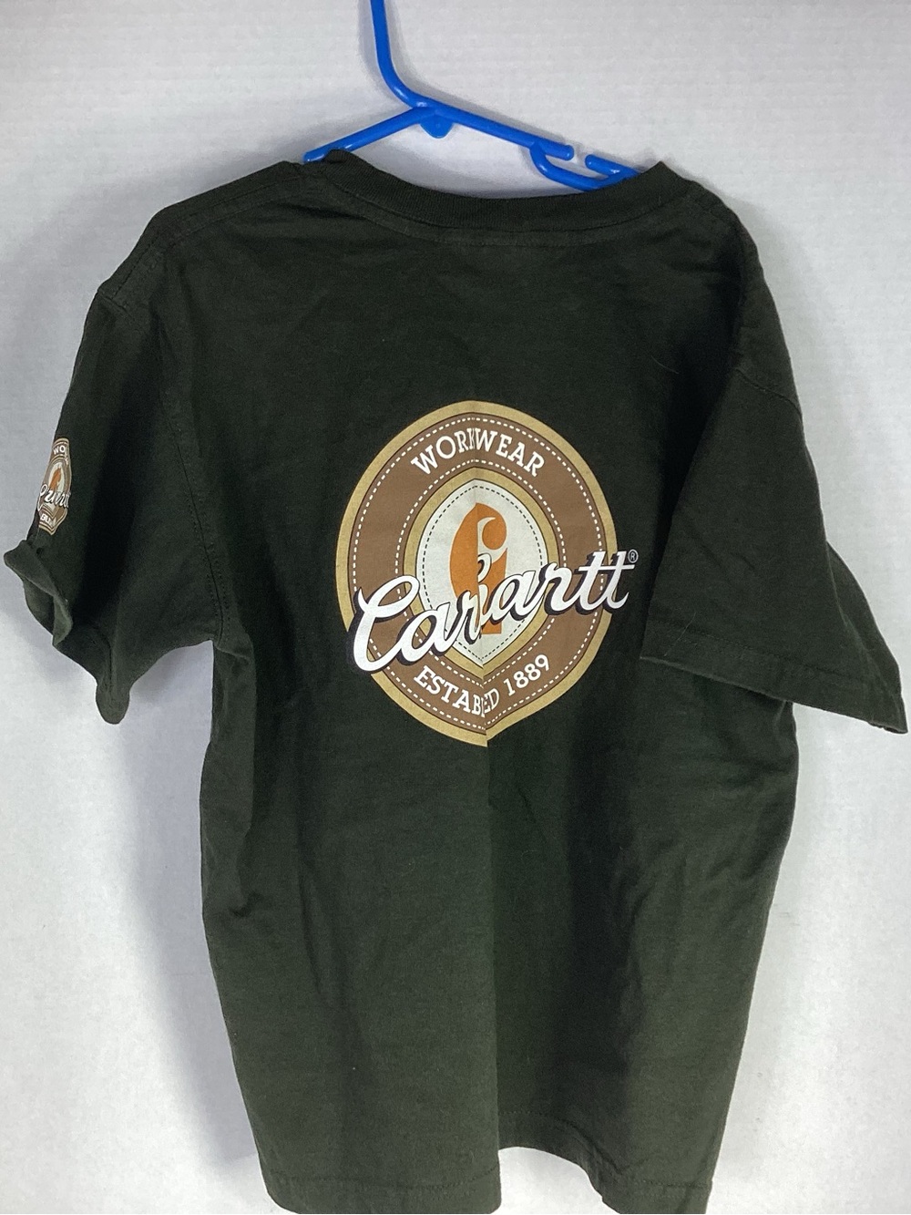 Carhartt Kids Short Sleeve Logo Tee in Dark Green with Brown & Cream Emblem